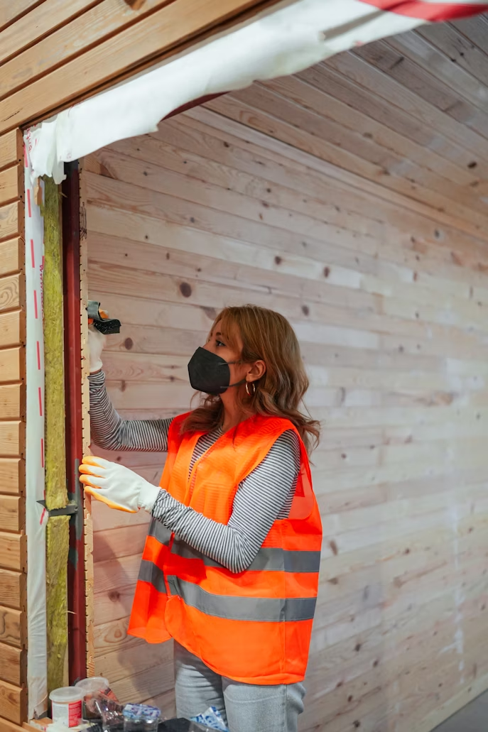 A workwoman in front of a wall undergoing repairs.