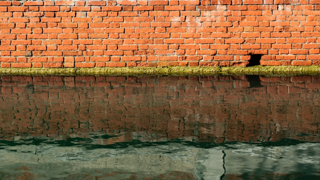 A brick wall reflected in a pool of water.