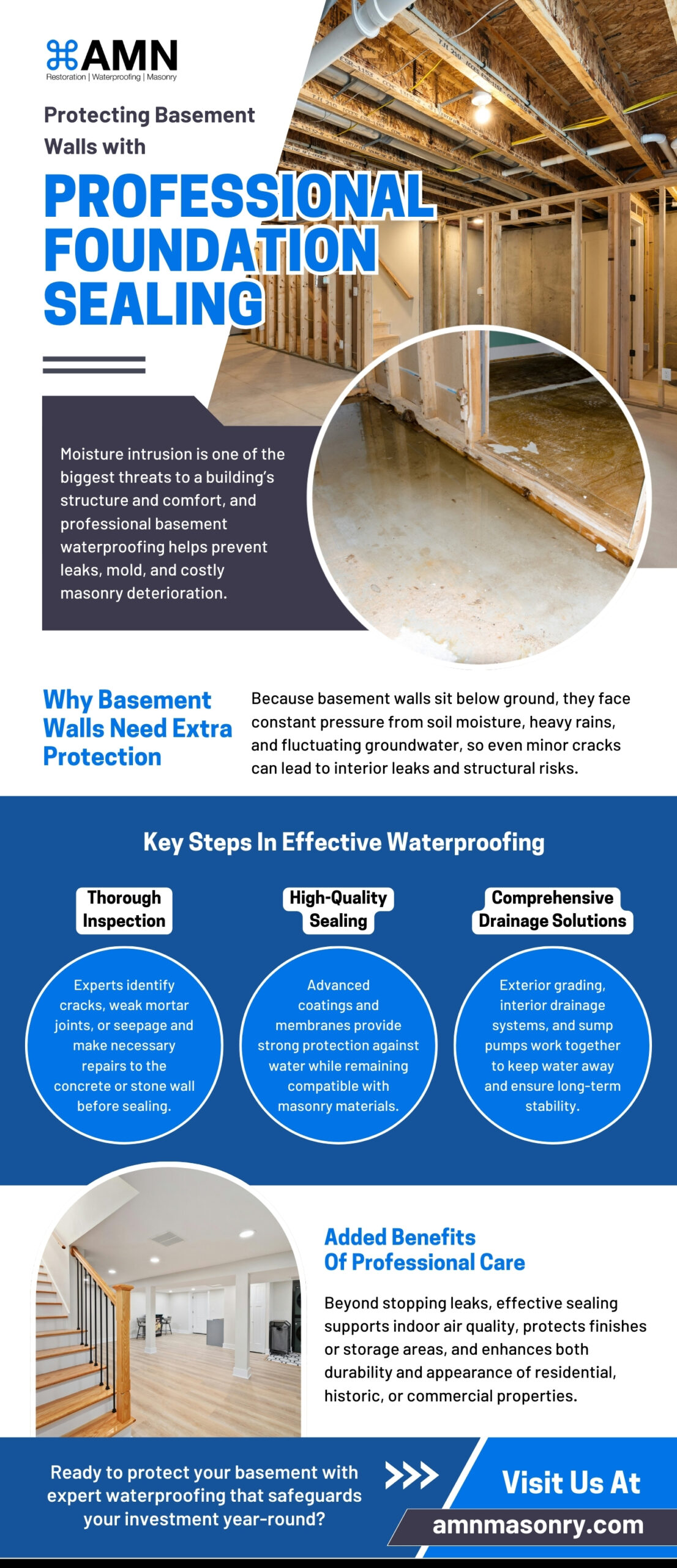 Infographic explaining the benefits of professional foundation sealing and basement waterproofing. It highlights why basement walls need extra protection, key steps like inspection, high-quality sealing, drainage solutions, and added benefits such as improved air quality, durability, and long-term structural protection.