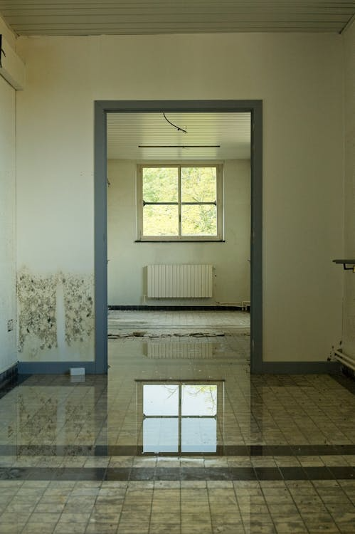 The image shows an empty, abandoned room with water pooling on the floor, reflecting the window and the surroundings.