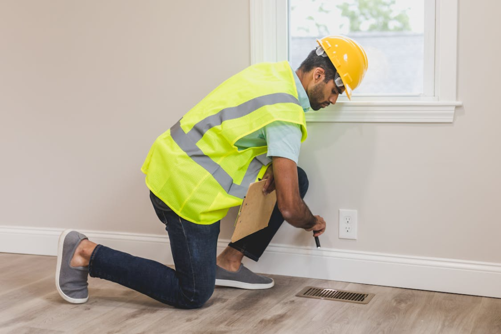 A man is checking the flooring of the house.