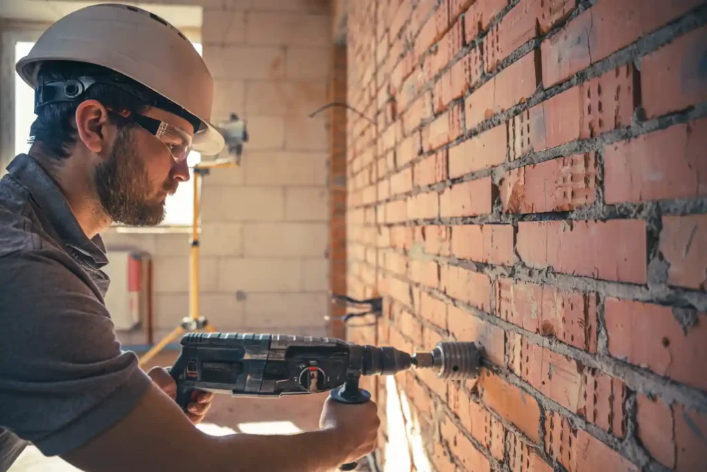 This photo shows a man doing some work on a brick wall.